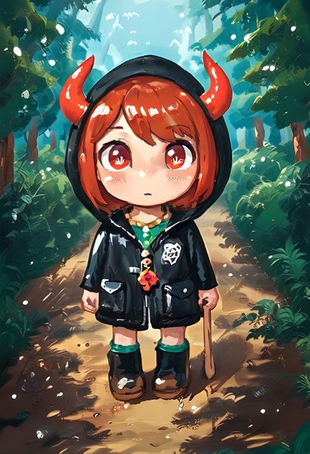 score_9, score_8_up, score_7_up, BREAK
highres, highly detailed, high resolution, high quality, 
source_anime, anime screencap, saturation, vivid colors, 
1girl, solo, luce, full body, standing, demon girl,
(dark red hair:1.2), (big dark red eyes:1.1), medium hair, cute, (grey skin:1.1), (horns:1.2), 
(long black raincoat:1.1), black rubber boots, 
pentagram necklace, holding one red trident, 
cute, bokeh,
blurry background, forest background, path,
lozhkin