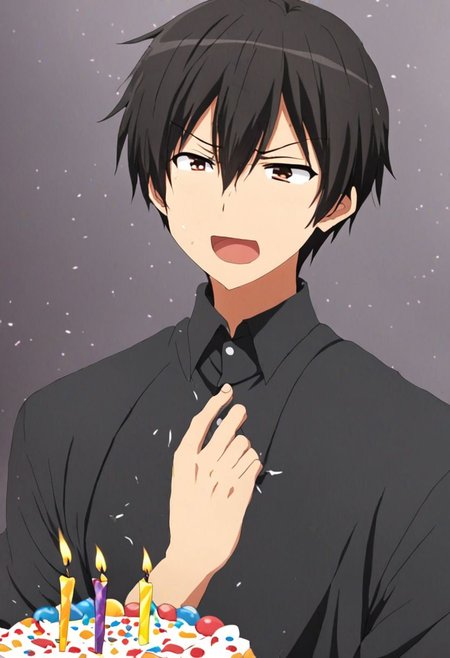 high resolution, solo, best quality, 1Boy, Kanie Seiya, Black Hair, surprisde, birthday surprise, OverallDetail