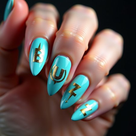 a beautiful hand of an latina, cyan medium length almond nails, gothic theme, single letters and  a bolt emoticon on the nails in golden glitter, intricate details, 5 fingers
The letters on the fingers spell "BUZZ"