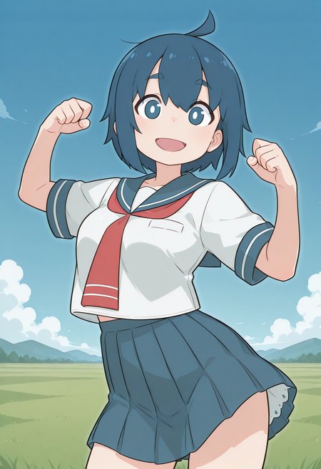 nishihara, thick eyebrows, white pupils, blue hair, short hair, blue eyes, ahoge, school uniform, serafuku, sailor collar, short sleeves, pleated skirt, <lora:nishihara_illustrious_ver1:0.8> 
smile, open mouth,, masterpiece, best quality, sensitive,, 1girl, solo, blue sky, (grasslands:1.2), looking at viewer,, (cowboy shot, dynamic pose:1.4),
