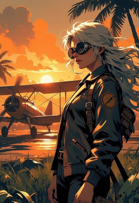 Mh1$AgThS2, intricate linework with expressive contrasts, soft lighting with dynamic highlights, young woman wearing flight goggles, aviator leather jacket, long loose platinum hair, standing next to a 1930s biplane on an airstrip surrounded by tropical jungle, sunset, in orange hues