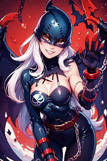 score_9, score_8_up, score_8, medium breasts, (curvy), cute, eyelashes,       BREAK, ,  zzLadyDevi, chain, belt, stitches, claws, gloves, wings, asymmetrical clothes, bodysuit, <lora:LadyDevimon_Digimon_PDXL:0.8>,  , BREAK, looking at viewer, ,,, smile, waving, upper body, leaning forward, head tilt, ,,, embedding:zPDXL, Expressiveh, ,,, <lora:CatalystStylePDXL:0.6>, <lora:SDXLFaeTastic2400:0.5>, <lora:Expressive_H-000001:0.4>,