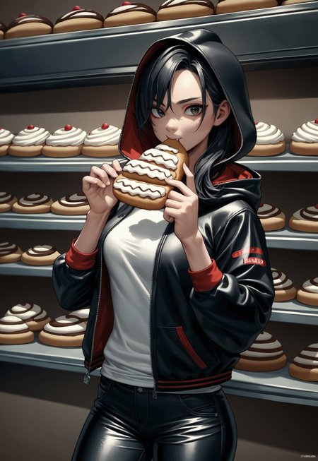 PonyXLV6_Scores BREAK prcl3nm1x,(animated Elezen:1.3), (red and black hair:1.2), (neon hooded jacket:1.3), (white shirt:1.1), (leather pants:1.2), (eating a pretzel:1.3), (bakery setting:1.5), (Eorzea:1.4), (dynamic pose:1.2), (vibrant colors:1.2), (clean lines:1.5), (minimal shading:1.0), anime style, stylish details, cozy atmosphere