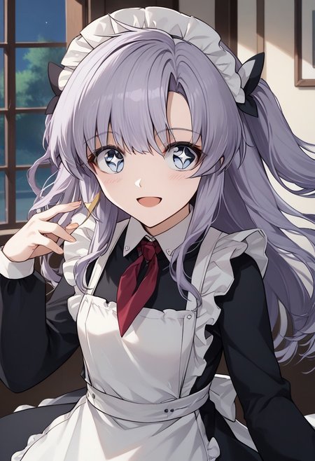 score_9, score_8_up, score_7_up, source_anime, OGNEVOY (AZUR LANE), OGNEVOY DEFAULT WEAR, 1girl, solo, long hair, looking at viewer, blush, smile, open mouth, bangs, blue eyes, long sleeves, dress, purple hair, :d, grey hair, heart, frills, apron, black dress, two side up, maid, sparkle, white apron, + +