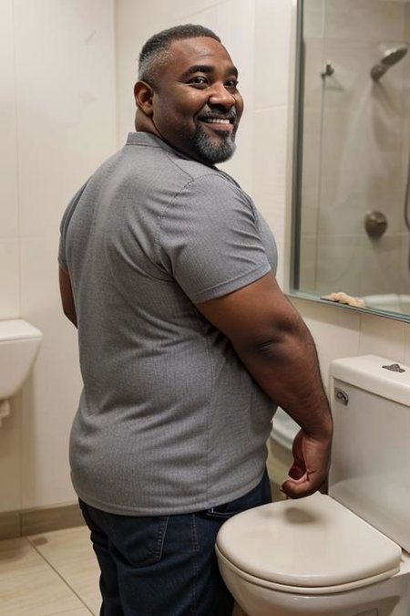 65 years old, mature, daddy, gray beard, fat face, eygptian, black man, long bearded, chubby, fat,  from back to left,  in public toilet, looking at the viewer, smiling