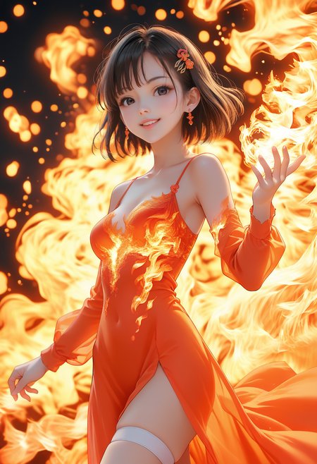 score_9, score_8_up, score_7_up,source_anime, dressof ire, dress of fire, fire dress,cowboy shot, 1girl,,20yo, black hair, black eyes, short bob hair, hair pin,mdeium  breast, slender,(white thigh strap:1.1),
 front view,large breas,, looking at viewer, evening dress dress, earings, looking at viewer, simple background, dark background, fire background, fires, burning,, action pose, long  sleeve dress,smile <lora:dress-of-fire-01-step00001440:1>