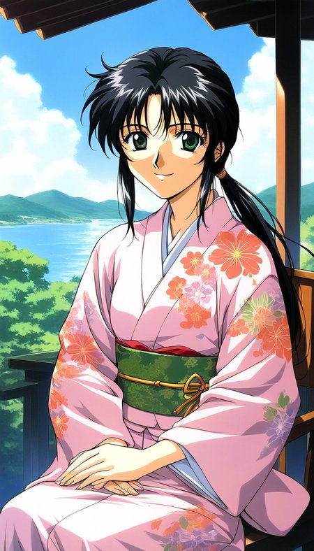 score_9, score_8_up, score_7_up, source_anime, rating_explicit, BREAK <lora:Tachibana_Yumi_XL:1> Tachibana_Yumi, black hair, long hair, green eyes, low ponytail, bangs, sidelocks, 1990s (style), 
japanese clothes, kimono, 1girl, sitting, smile, looking at viewer, sash, 1990s (style), 
obi, solo, solo focus, chair, pink kimono, floral print, own hands together,  long sleeves,
day, sky, outdoor,