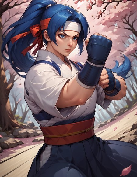 score_9, score_8_up, score_7_up,
1girl, solo,
large breasts,
kasumidg,
blue hair, ponytail, blue eyes,
blue hakama, dougi, headband, fingerless gloves, japanese clothes,
fighting stance, clenched hands, 
cherry blossoms, forest,
 <lora:Kasumi  DG PXL v01-000002:0.90>