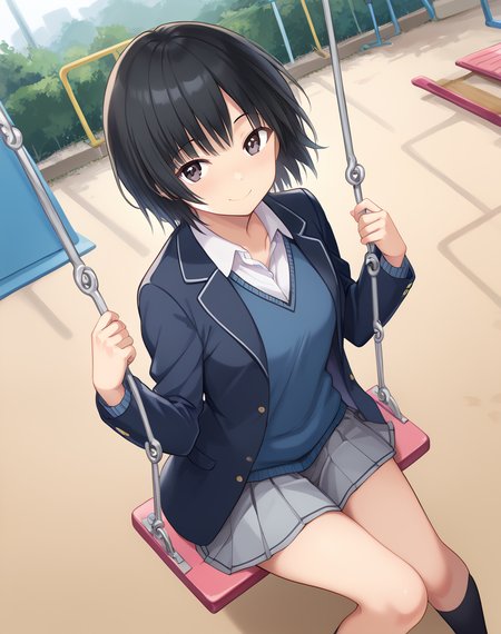 nanasaki_ai, black hair, short hair, black eyes, kibito high school uniform, skirt, school uniform, jacket, pleated skirt,  black jacket, grey skirt, shirt, open clothes, long sleeves, blue cardigan BREAK outdoors, playground , sunset  BREAK swing, sitting, sit on swin,  , from above, happy face, smile, looking at viewer BREAK score_9, score_8_up, score_7_up, source_anime ,zPDXL, <lora:Nanasaki_Ai:0.8>,  <lora:swing_Pony_v1:0.8>
