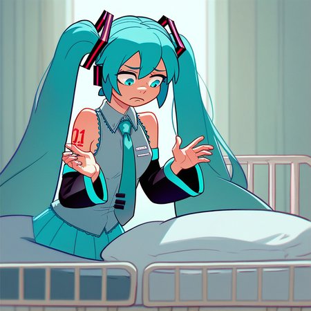 score_8, score_8_up, score_7_up, lo_su_qu, 1girl, female focus, solo, Hatsune Miku, aqua hair, twintails, aqua eyes, necktie, collared shirt, sleeveless, detached sleeves, tattoo, skirt, pleated skirt, standing, frown, looking down,  hands up, hospital bed, indoors,
