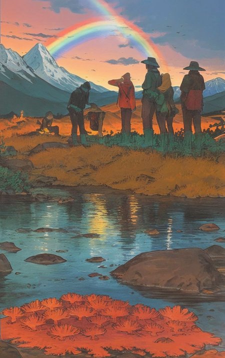 artwork <lora:Moebius:1>, outdoor at dusk, a group people do a respect, coral reef, blackwater,alpine tundra,rainbow