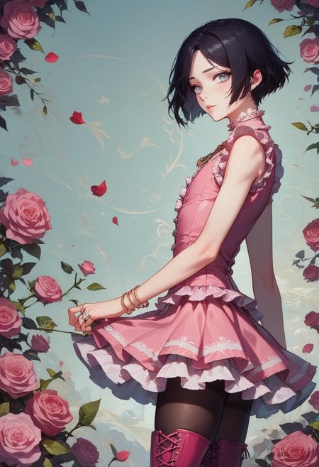 score_9, score_8_up, score_7_up, 1boy, femboy, otoko no ko, short hair, bob cut hair, black hair, grey eyes, gray eyes, feminine face, toned body, Shelly, pantyhose, ruffles, pink rose, thighhighs, flowers, rose corsage, sleeveless, necklace, jewelry, bracelet, pink dress, rose, ring, pink frilly dress, flower, lace trim, frilled dress, ruffle underskirt, underlayment, pink laced boots, highly detailed, intricate, zzCitronCAT, flirty expression, crawling, arched back, side view, looking at viewer, modelshoot, abstract background, solo