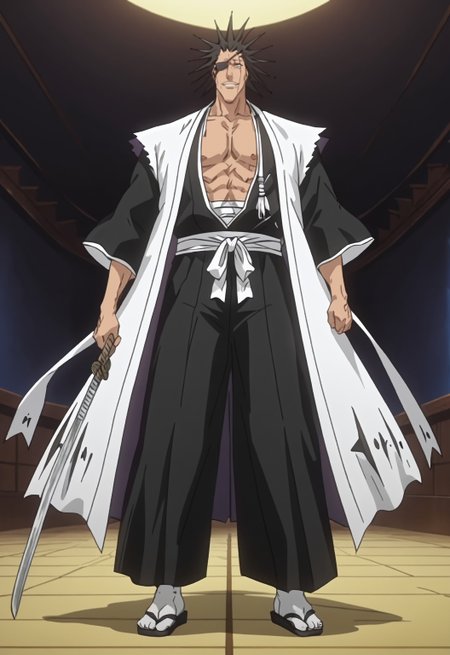 safe_pos, safe_pos, score_9, score_8_up, rating_nsfw, ultra hd, absurdres, best quality, ultra quality, masterpiece, masculine, solo, 1boy, male focus, best anatomy, best eyes, detailed eyes, best hands, sexiest man alive, erotic, gay porn, hand with five fingers, mature male, anime screencap

BleachKenpachi, anime screencap, scar, spiked hair, eyepatch, Japanese clothes, detailed background, full body angle, full body, open eyes, holding katana, view from away, looking at viewer, flirty smile, Expressiveh, nipples, nipple peak