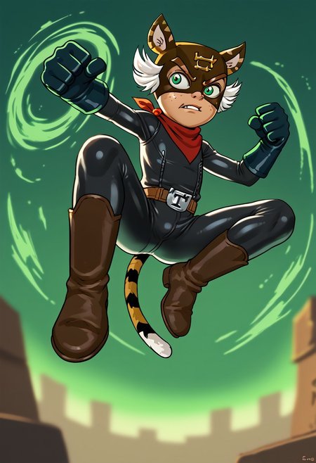 score_9, score_8_up, score_7_up, Crazyoe, 1boy, solo, male focus, El_Tigre, Mask, Green Eyes, white sideburns, Freckles, Cat Ears, Black Bodysuit, belt buckle, brown boots, Red Bandana around neck, black Gloves, tail, green aura, jumping kick, kicking, from below, jumping, foot focus