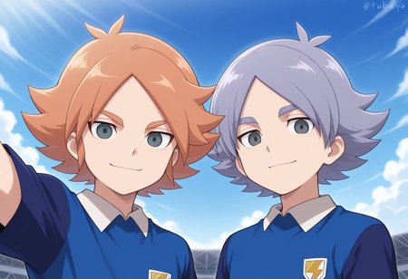 masterpiece,best quality,amazing quality, source_anime, 
2boys, brothers, looking at viewer, smile, 
orion soccer uniform, shirt, blue shirt, raglan sleeves, short sleeves,
FubukiAtsuya, 1boy, male focus, grey eyes, orange hair, BREAK
fubukishirou, 1boy, male focus, grey hair, parted bangs, grey eyes, BREAK
outdoor, sky, day, clouds,