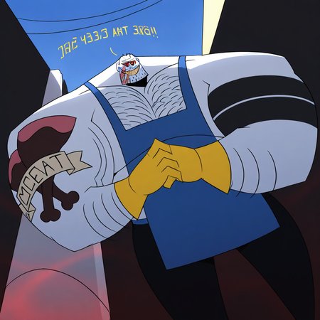 score_9, score_8_up, score_8, BREAK absurdres, 4k, 8k, masterpiece, Greg, muscular male, 1boy, solo, large muscles, scars, tattoos, apron, red eyes, facial hair, chest hair, gloves, pants, massive pectorals, looking down, teeth, smiling, grin, flexing muscles, veiny muscles, dynamic angle, dynamic pose