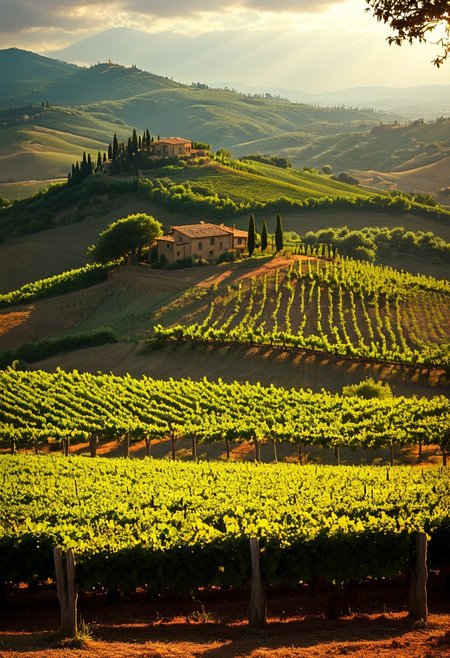 Vineyard in Tuscany with Rolling Hills
A Tuscan vineyard stretches across gently rolling hills, bathed in warm sunlight. Rows of grapevines extend into the distance, their leaves and tendrils meticulously detailed by Ellen Altfest. Jose Royo's vibrant color palette enhances the lush greenery, while Michael James Smith’s delicate handling of light creates stunning reflections and long shadows across the landscape. The scene captures the tranquil beauty of Tuscany, with the vines leading the eye toward the horizon where the sun gently kisses the earth.
vivid colors.
detailmaximizer, aidmaMJ6.1,  Movie Still, Film Still, Cinematic, Cinematic Shot, Cinematic Lighting, detailxl, flux-style, midjourneyv6.1