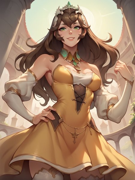 score_9, score_8_up, score_7_up,,
1girl, dynamic pose, dynamic angle, one hand on hips, light smile, cowboy shot, dutch angle, medium breasts, warm light, city, fantasy,from below, hands up, portrait, 
 <lora:AQueenSphene_character:0.9>, SpheeXL, green eyes, brown hair, jewelry, hair ornament, long hair, tiara, necklace, detached sleeves, detached collar, thighhighs, yellow dress, dress,  <lora:Bonifasco_PonyXL_v1:0.6>