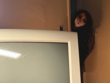 masterpiece, best quality, newest, absurdres, highres, analogue horror, horror, solo, male, neck, upper body, front view, dark, looking at viewer, body, pale skin,
 <lora:Analogue_Horror:1>