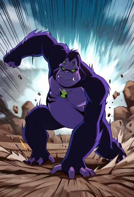 masterpiece, best quality, amazing quality, very aesthetic, absurdres, newest,, detailed background, 
ultspidmon, no humans, solo, fangs, monster, extra eyes, green eyes, pokemon (creature),purple face,
herolanding, landing, falling motion lines, on knee, superhero landing,