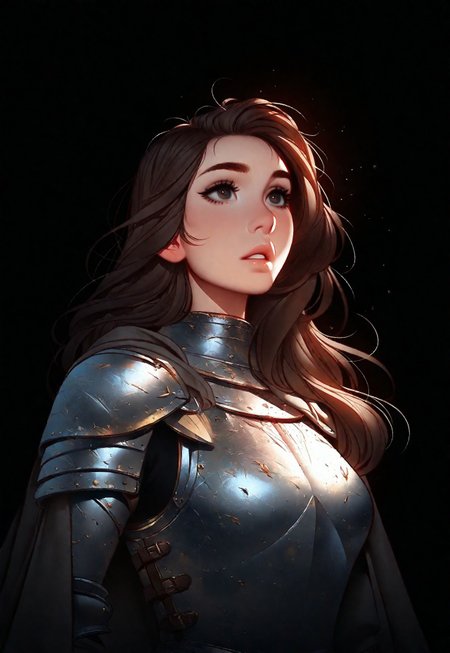 artist : tsuaii, flat colors, face portrait, standing,
1girl, solo, steel plate armor, knight, cape, pauldrons, brown hair, long hair, parted lips,
(((black background))), dynamic lighting, masterpiece, best quality, very aesthetic,