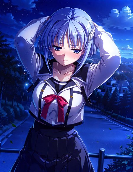 (1girl, solo:1.3), (2girls, 3girls, 4girls, multiple girls, 2boys, 3boys, 4boys, multiple boys:-1.5) <lora:Kajio_Honoka_Denshanai_de_Now_Illustrious:0.9>, kajio_honoka, medium breasts, blue eyes, blue hair, short hair, bangs, sidelocks, hair ornament, school uniform, serafuku, red ribbon, black skirt, pleated skirt, embarrassed, (half-closed eyes:0.7), general, contrapposto, dynamic pose, arms behind head, portrait, from side, from above, , outdoors, central park, tree, weeds, cityscape, sky, cloud, , <lora:NOOB_EPSv1_1_detailer_by_vlnvk_v1_0:1.5>, (photo background:0.7), night, (tachibana yuu:0.6), inue shinsuke, (kazuma muramasa:0.0), saikawa yusa, (aoi manabu:0.6), abarerumidori, (suzui narumi:0.6), masterpiece, newest, absurdres, 8K, anime screenshot, anime coloring, flat color, official art, film grain, <lora:illustriousXLv01_stabilizer_v1.185c:0.7>, <lora:LECO_Solo:-4.0>,