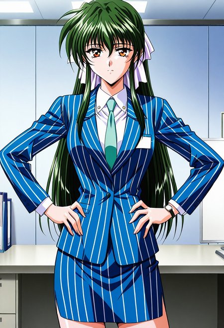 general,highres, ultra-detailed,very aesthetic,best quality ,best hands,masterpiece, best quality, newest, highres, score_9, score_8_up, score_7_up, source_anime, rating_explicit,1girl, yokota mamoru style,motion lines,,Very straight nose,slim,slender face,perfect nose,1990s (style)
Sendou Hitomi, Green Hair, Sidehair, Waist Length Hair,Amber Eyes,Necktie, Ribbon Hair Tie
 anime screencap, 1girl, solo, necktie, striped, indoors, vest, lips, formal, suit, desk, pencil skirt, hands on hips, wristwatch, office lady, pinstripe pattern, office, pinstripe suit ,wearing edgP_(pencil_dress), office lady, <lora:edgPencilDressILS:1>