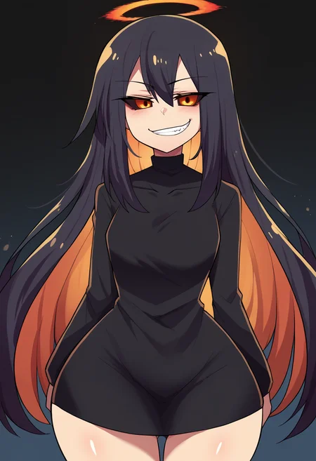 score_7_up, source_anime BREAK <lora:hinghoi-artist-richy-v1_pdxl-000003:1> 1girl, solo, standing, smirk, grin, <lora:gijinkaseries_blackhole_ponyXL:1> blackhole-chan, colored sclera, black dress, black background, wide hips, hal