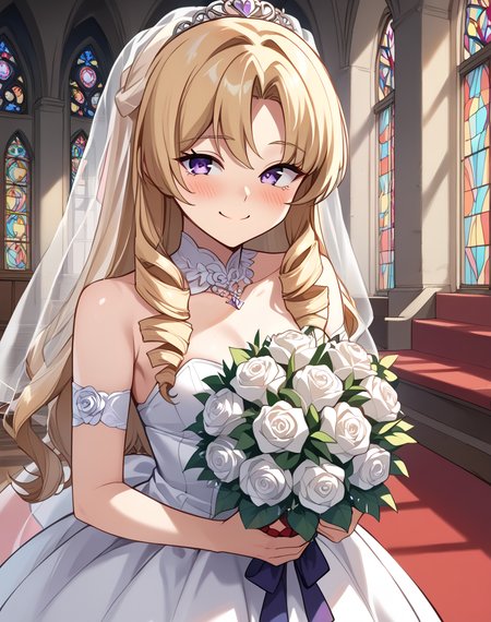 tanya_rothstaylor, long hair, blonde hair, purple eyes, 1girl, drill sidelocks, drill hair,small breasts, wedding dress, bouquet, holding bouquet, bridal veil BREAK indoors, church, medieval BREAKsmile, marriage ceremony, blush, happy face, shy smile, blush, looking at viewer 
BREAK, solo, score_9, score_8_up, score_7_up, source_anime ,zPDXL, <lora:Tanya_Rothstaylor_Pony:0.8>