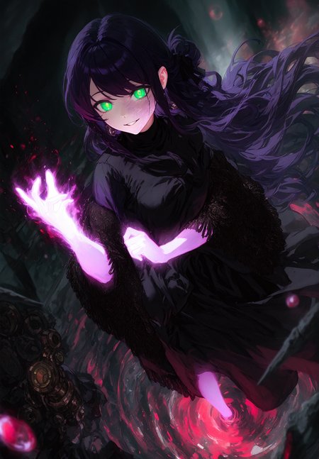 masterpiece, best quality, very awa, newest, 1girl, mature female, aged up, skinny, small breasts, purple hair, lavender hair, dark hair, sideswept hair, no bangs, arm under breasts, turtleneck dress,  neon green eyes, smile, leaning, black ribbon in hair, glowing hands, necromancer, parted lips, frilled dress, tall, (no lineart), glowing face, depth of field, [demons:ghosts:1.01], black sky, ((red water)), shaft look, [face burns], light streaks, motion blur, glow, <lora:nhl-003:0.6> 
 <lora:artist_niukou_kouzi_vpred_v2:0.9>
dim lighting, dark theme, chiaroscuro,  alternate costume, black dress, loose clothes, black shawl, very long dress, blurry foreground, wind, dutch angle, from above, looking up, dark waterfall cavern outdoors, wide smile, steampunk,