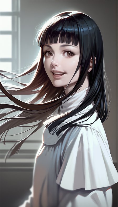 score_9,score_8_up,
realistic,(bloom:1.2),
<lora:leanne:1>,leanne,
1girl,solo,pale skin,black hair,long hair,blunt bangs,brown eyes,looking ahead,facing aside,smile,open mouth,long white dress,portrait,simple background,indoors,