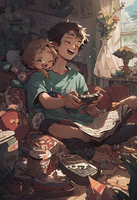 detailed, masterpiece, score_9, score_8_up, score_7_up, score_6_up, black, 
Young man and young woman laughing while playing videogames, sitting on a couch in a messy room.