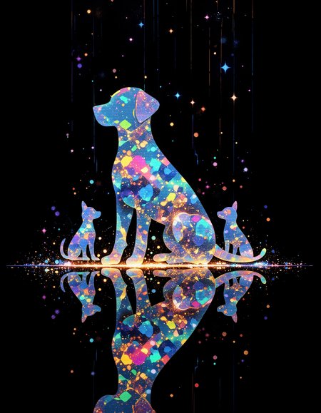 aidmamj6.1, vibrant reflective holographic drawing in the style of ckhg abstract art of  silhouette of a puppy surrounded by sparkling light particles
particles cascading down from the puppy
Puppies reflected in a mirror are depicted as upper and lower objects
black background
Fantastic and mysterious illustration like the world in a transparent dream
 <lora:aidmaMJ6.1_v0.5_3:0.4>  <lora:ck-holographic-glitter-000015:0.5> 
<lora:Abstract:0.5> bo-abstract