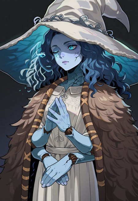 score_9, score_8_up, score_7_up, BREAK <lora:hades-guy-PONYv1:1>, shadow, portrait, 1girl, solo,  <lora:Ranni_XLPD_CAME:0.8> IncrsXLRanni, wavy hair, cracked skin, blue skin, colored skin, extra arms, extra faces, doll joints, white dress, witch hat, brown cloak, dark background, glowing,