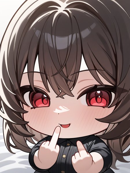best quality,masterpiece,highres,absurdres,1girl,solo,newest,rating: general, looking at viewer , <lora:Middle_finger_XL:0.6> ,(middle_finger),(chibi style),(chibi), cute,naughty face,
