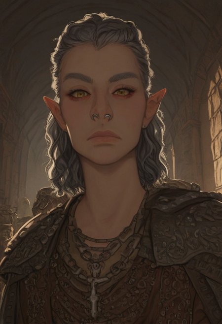 solo, short pointy ears, piercings, random elf face, aquiline features, male dark elf, masculine, facial hair, brow rings, beaded piercings, weathered skin, chiseled features, large nose, insect chitin armor, insect chitin helmet, insect chitin ornaments, stylized insect pattern, athletic build,  animated realism, zoomed out, Syrian features, torso, brass pipes and gears, intricate architecture, dwarven masonry, dwemer fixtures, white-green light, gloomy lighting, ancient ruins, interior, stone tiled floor, grey-blue skin, mahogany and ivory clothes, medium armor, bone plate armor, ivory straps and fittings, alien bone ornaments, grey wood neckguard, red sclera, black pupils, blue-green light, neon, highly detailed, defined features, looking at viewer, three quarters view, from below, dynamic lighting, 29 years old, light and shadows, patterned cloth, annoyed expression, expressive eyes, detailed medieval clothes, short hair, wavy hair, thick hair, beaded hair, braided hair, under cut hair, semirealistic, alien elf, spanish features, jewish features, white grey hair, dark red hair, umber skin, sharp features, pastel green inuit print cloak, nighttime, high detail, absurdres, pretty eyes, detailed eyes, yellow eyes,