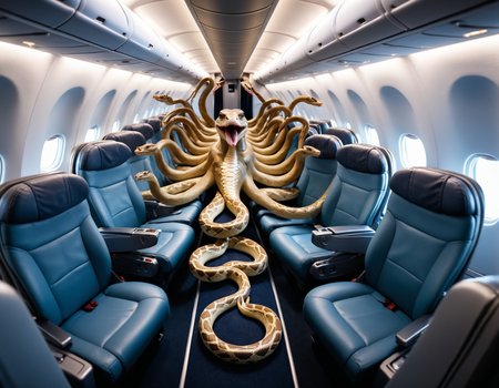 an 8K cinematic photograph of <lora:Cockstarz:0.75> many 10-point Cockstarz made of snakes, on an airplane, UHD, ultra detailed, beautiful lighting, great composition