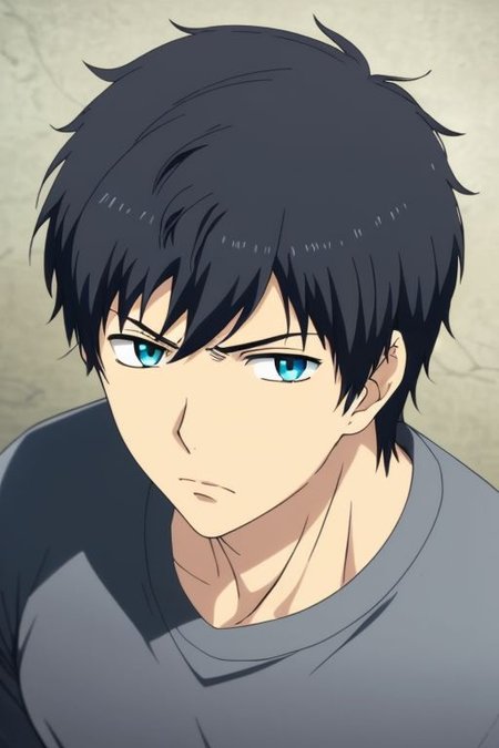 high resolution, solo, best quality, 1Boy, Arata Kaizaki, Portrait, Black Hair, Blue Eyes, casual, seen from above, gangster, dominant, intimidate, OverallDetail