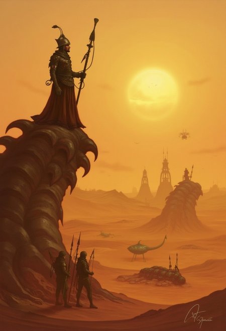 A majestic stillsuit-clad figure, Paul Atreides, stands atop a towering sandworm's vertebrae, gazing out upon the endless dunes of Arrakis. The setting sun casts a warm orange glow, as the Fremen warrior's eyes burn with determination. In the distance, the ornithopter fleet glides across the horizon, while the towering Sardaukar soldiers stand watchfully below. A lone Gom Jabbar stingray glints in the fading light.