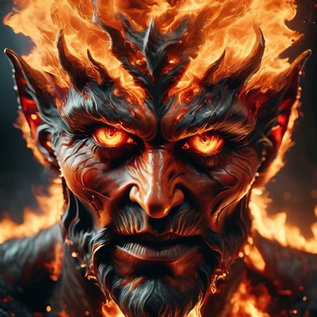 ignar close-up of the devil's fiery face, fiery eyes, darkness, cinematic, enigmatic, photorealistic, very detailed<lora:ignar:1>