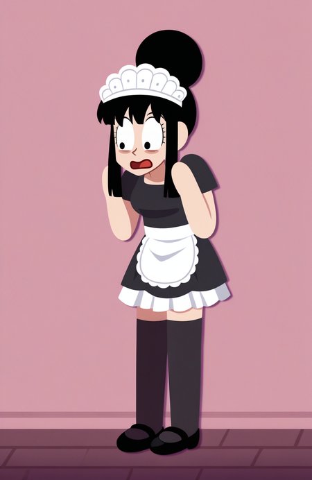 1girl, solo, no lineart, paper texture, 
chi-chi \(dragon ball\), black hair, black eyes, large bun , cafe uniform, short sleeve blouse, tiered skirt, thighhighs, lace headdress, waist apron, standing, leaning slightly, eyes bulging, shocked expression, frozen pose,
 <lora:GrittySugar:1> grittysugar, extremely detailed, highres, masterpiece, best quality