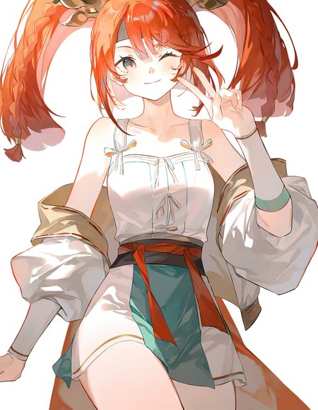 1girl,solo,looking at viewer,simple background,white background,cowboy shot,standing,smile,one eye closed,weisuojiaju,<lora:weisuojiaju-000012:1>,sitting,v,, masterpiece, best quality, very aesthetic, absurdres,newest, incredibly absurdres,