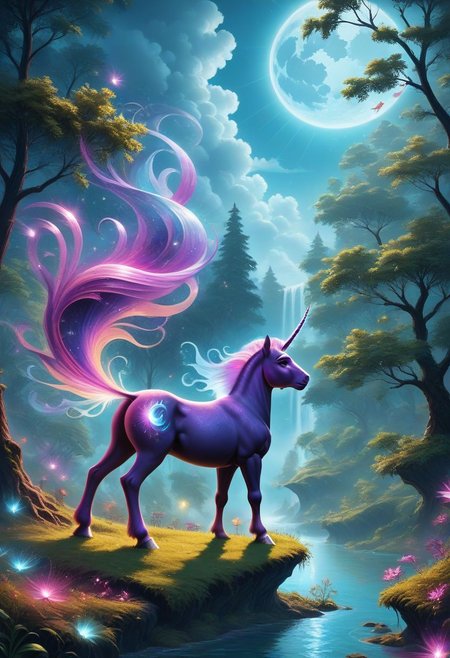 score_9,score_8_up,score_7_up,
Create a highly detailed and vibrant image of a majestic, mystical pony standing in an enchanting forest. The pony should have a flowing, iridescent mane and tail, shimmering with colors of the rainbow. Its coat should be a sparkling silver with subtle patterns of stars and moon phases. Surround the pony with a lush, magical forest featuring towering, ancient trees with luminescent leaves, delicate flowers in various shades of blue and purple, and a gentle stream with crystal-clear water. The background should have a soft, ethereal glow, giving the entire scene a dreamlike quality. Add fireflies and soft light beams filtering through the tree canopy to enhance the enchanting atmosphere.
