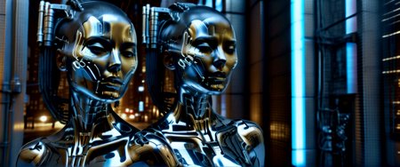 biomechanical cyberpunk close up portrait, cyberpunk style, russian female with chorme skin, (full body:1.331), hightech_robotics (Pinhead:1.1) (Hellraiser) with light in his eyes and dark smoke around his body, (white head:1.3), (neon crisscrossing fine lines on face:1.2), (many neon pins pricked the entire head), BREAK stands still in a back alley, looking out to the crowded main street with neon sign, he is hoping to find the next victim, outdoors, high-tech cyberpunk nightcity background, (unreal engine), ray tracing, dynamic light, godrays, reflections, fisheye view, from below angle, long distance shot, hyper detailed, high quality, neon, dystopian, futuristic, digital, vibrant, detailed, high contrast, reminiscent of cyberpunk genre, (by h.r. giger:1.05), muscular, afro,, . cybernetics, human-machine fusion, dystopian, organic meets artificial, dark, intricate, highly detailed