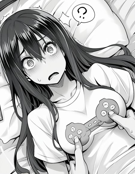 score_9, score_8_up, score_7_up, source_anime, sakiyoshida, <lora:saki-yoshida-manga-ponyxl-lora-nochekaiser:1>, saki yoshida, long hair, hair between eyes, monochrome, greyscale, black hair, medium breasts,, <lora:game-controller-print-ponyxl-lora-nochekaiser:1>, game controller print, game controller, print shirt,, bed, bed room, <lora:breast-poke-ponyxl-lora-nochekaiser:1>, breast poke, ?, blush, open mouth,, cowboy shot, dutch angle,