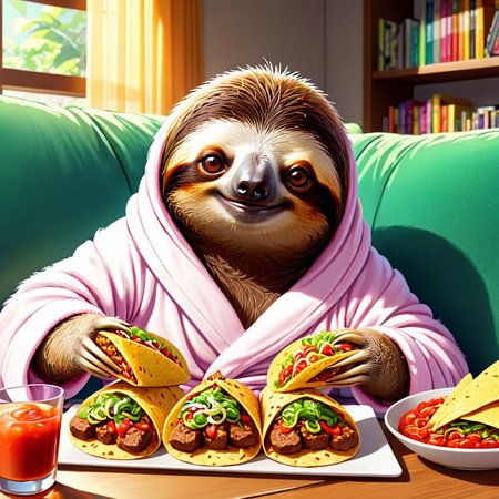 anime artwork <lora:sl0th-000007:0.7> , sloth  eating a large amount of tacos,, wearing a bathrobe, laying on a couch,  detailed, anime style, key visual, vibrant, studio anime,  highly detailed