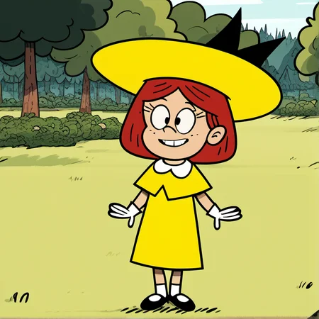 score_9, score_8, score_7, 1girl, solo, loudstyle, the loud house, break, madeline_fg, hat, red hair, gloves, yellow dress, cute, tree, grass, natural lighting, <lora:loudstyle:1>, <lora:Madeline_Fogg_Madeline:1>,