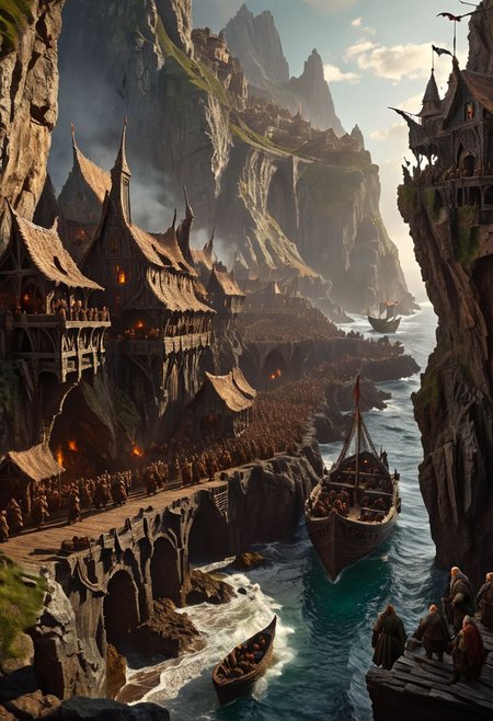 extremely detailed, hero shot, high detail, hires textures, incredibly detailed, intricate details, elaborate diorama, masterpiece, hyperrealism, masterpiece, cliff background, pleasant, stately, grimdark, a crowd of humans elves and dwarves disembark onto a settlement in a fantasy world with ancient-ships in the distant background