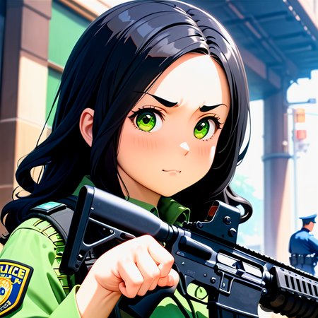 anime, best quality, (masterpiece:1.4), (high quality:1.4), sharp focus, 4k, absurd resolution, detailed hands, curly hair, long hair, (black hair:1.6), 1girl, mature female, (parted hair:1.7), (round face), (no_bangs:1.3), (no_fringe:1.6), <lora:ETO_OC_XL:0.7>, (thick eyebrows:0.9), (plump:0.8), round-chin, (greenish brown eyes), (brownish green eyes), caucasian, down-turned eyes, 1girl, (forehead:0.65), <lora:swat gear_xl:0.7> swat gear, weapon, (paw pose), gun, uniform, police, rifle, street, officers, soldier, military, officer,