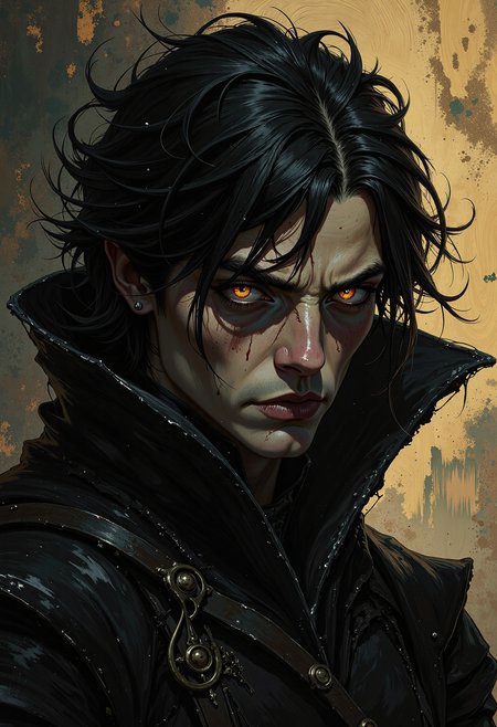A hauntingly beautiful oil painting in the style of dark gothic fantasy horror, depicting a close-up portrait of a conventionally handsome young male. The scene is cinematically dynamic and ominous, set against a chaotic, abstract background of swirling, dark brushstrokes that evoke a sense of turmoil and despair. The characterâs piercing eyes are the focal point, slowly filling with an inky blackness as if a void is consuming them from the inside. His expression is one of silent anguish, his features illuminated by a faint, eerie glow that contrasts with the encroaching darkness. The painting is highly stylized, with intricate details and a sense of depth that draws the viewer in. The colors are rich and bold, with deep shadows and highlights that create a dramatic, almost three-dimensional effect. The overall mood is one of foreboding and dread, as if the character is on the brink of being consumed by an unseen force. The brushwork is expressive and textured, with thick, heavy strokes that add to the emotional intensity of the piece. The characterâs pose is slightly tilted, his head turned downward, as if in resignation or defeat, his dark, tousled hair framing his face like a halo of shadows. His lips are parted slightly, as if whispering a final plea or curse. The entire composition is framed by a subtle, golden glow, adding a touch of the divine to the otherwise dark and macabre scene., Illustration ArcaneFGTNR, in the style of ckpf,.,oil painting, realistic, dark gothic fantasy horror, close-up character portrait, cinematic, dynamic, ominous, chaotic abstract background, swirling dark brushstrokes, void consuming from the inside, highly stylized, intricate details, conventionally handsome young male, piercing eyes, inky blackness, silent anguish, eerie glow, contrasting light and shadow, rich bold colors, deep shadows, dramatic highlights, textured brushwork, heavy strokes, emotional intensity, tilted head, dark tousled hair, parted lips, golden glow, divine touch, macabre, foreboding, despair, turmoil, unseen force, three-dimensional effect, expressive, silent plea, resignation, defeat, halo of shadows, divine contrast, dark fantasy, gothic horror, oil painting techniques, chiaroscuro, vibrant colors, abstract expressionism, detailed, haunting, beautiful, cinematic framing, Illustration ArcaneFGTNR, in the style of ckpf,.,<lora:Retrocom1_for_Flux.:0.255> Illustration<lora:ArcaneFGTNR:0.37> ArcaneFGTNR,<lora:flux_mad_vk_:0.622><lora:ck-painterly-fantasy-000017:0.409> in the style of ckpf